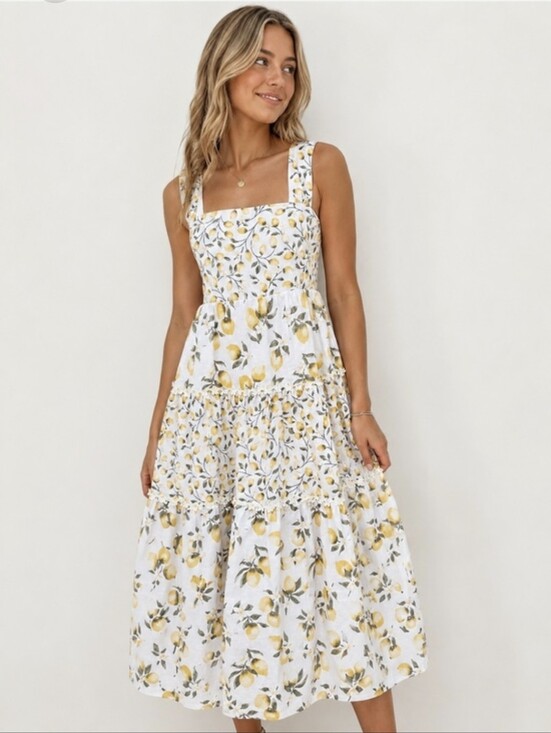 Haute Hippie Dresses & Skirts - Haute Hippie Lemon Print Tiered Midi Dress Crochet Trim Sz.6 Cotton Cottagecore
